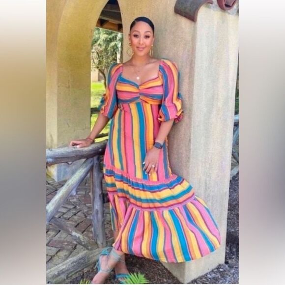 🌺 🆕 🌸 Anthropologie Farm Rio Rainbow Stripe Midi Dress🌺 - Picture 1 of 15